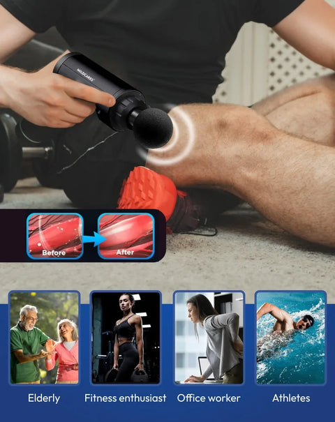 Mildcares Full Body Massager Gun for Pain Relief | Deep Tissue Therapy | 6-Speed Settings, 4 Heads, Rechargeable Silent Motor – Electric Massager for Pain Relief Massager (Black)