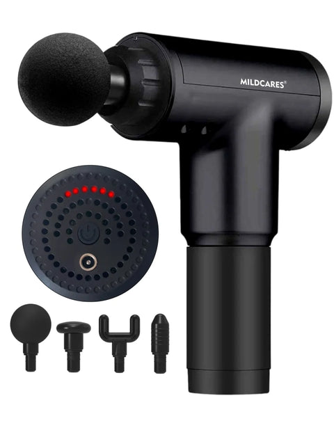 Mildcares Full Body Massager Gun for Pain Relief | Deep Tissue Therapy | 6-Speed Settings, 4 Heads, Rechargeable Silent Motor – Electric Massager for Pain Relief Massager (Black)