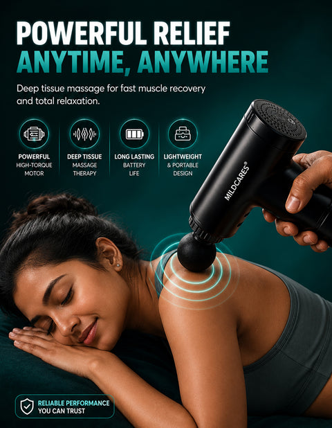 Mildcares Full Body Massager Gun for Pain Relief | Deep Tissue Therapy | 6-Speed Settings, 4 Heads, Rechargeable Silent Motor – Electric Massager for Pain Relief Massager (Black)