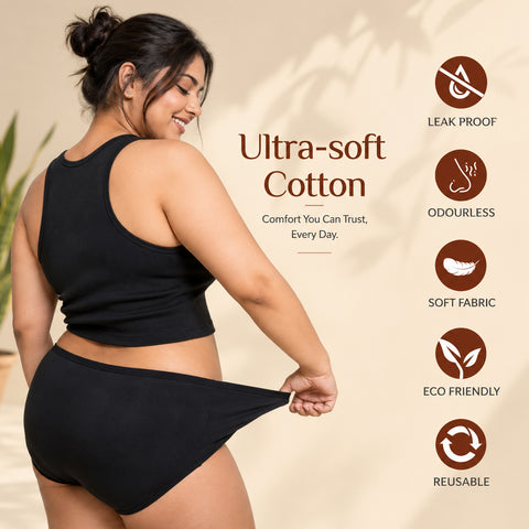 MILDCARES Reusable Period Panty for Women | Hipster Leak-Proof Underwear for Medium to Heavy Flow | 12-Hour Absorbent Full Coverage | Comfortable Maternity & Postpartum Protection – Black