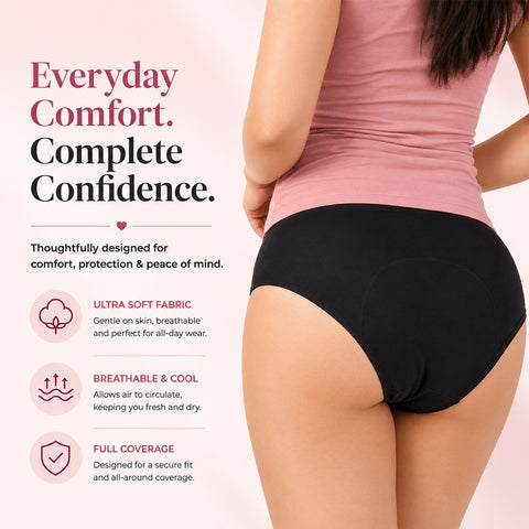 MILDCARES Reusable Period Panty for Women | Hipster Leak-Proof Underwear for Medium to Heavy Flow | 12-Hour Absorbent Full Coverage | Comfortable Maternity & Postpartum Protection – Black