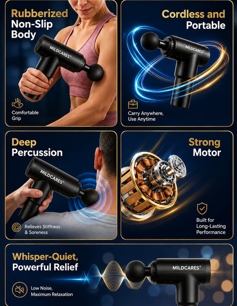 Mildcares Full Body Massager Gun for Pain Relief | Deep Tissue Therapy | 6-Speed Settings, 4 Heads, Rechargeable Silent Motor – Electric Massager for Pain Relief Massager (Black)