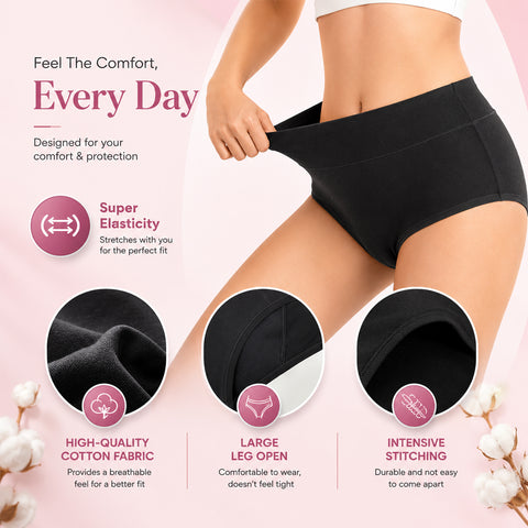 MILDCARES Reusable Period Panty for Women | Hipster Leak-Proof Underwear for Medium to Heavy Flow | 12-Hour Absorbent Full Coverage | Comfortable Maternity & Postpartum Protection – Black